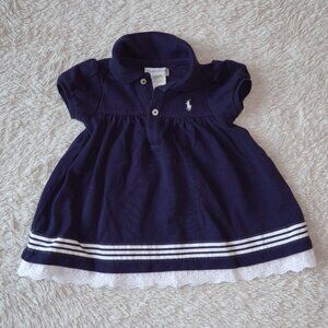 Baby Girl Size 6 Months Ralph Lauren Polo Navy Blue Dress with White Lace Trim